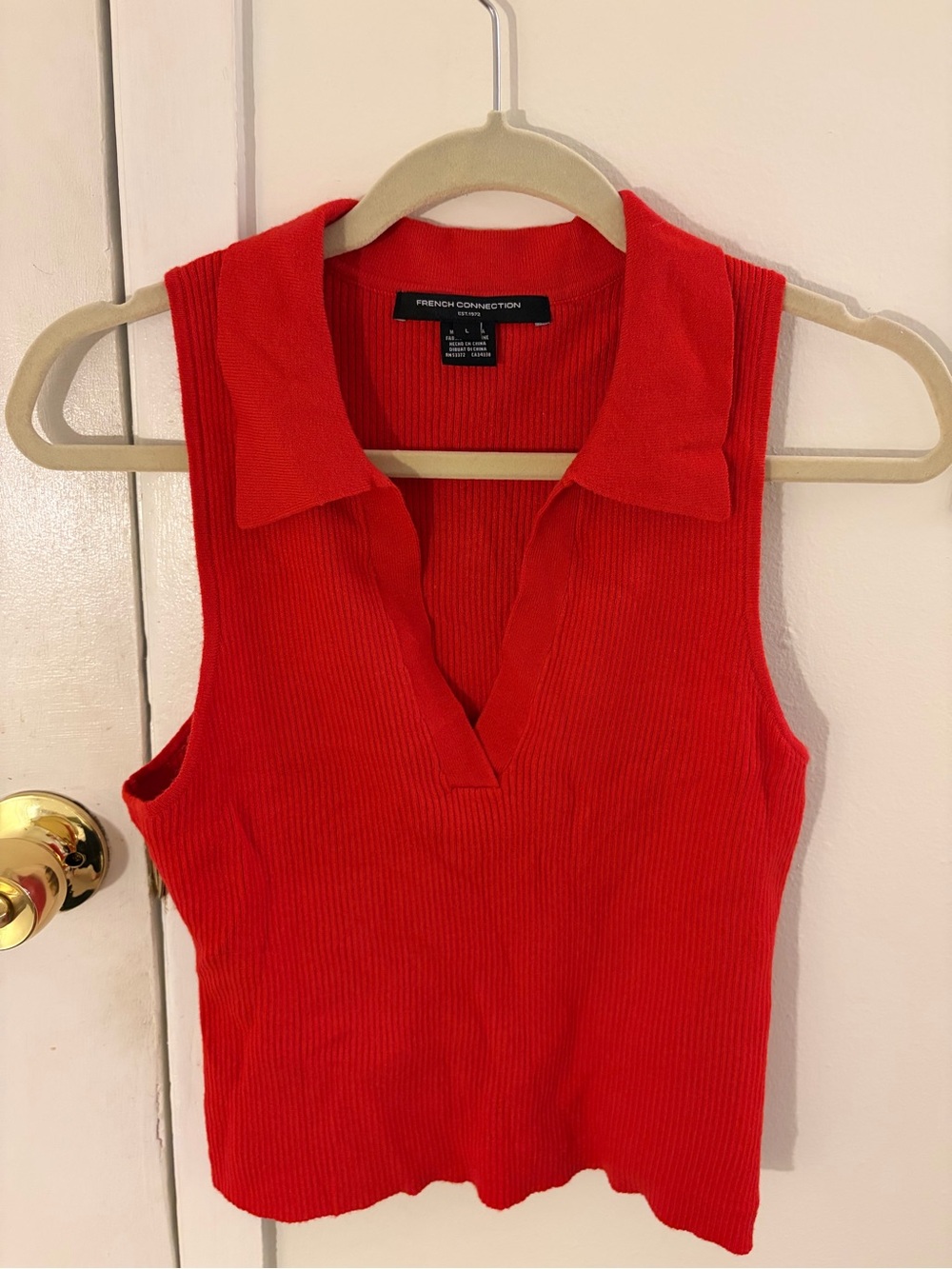French Connection Bright Red Ribbed Collared Tank